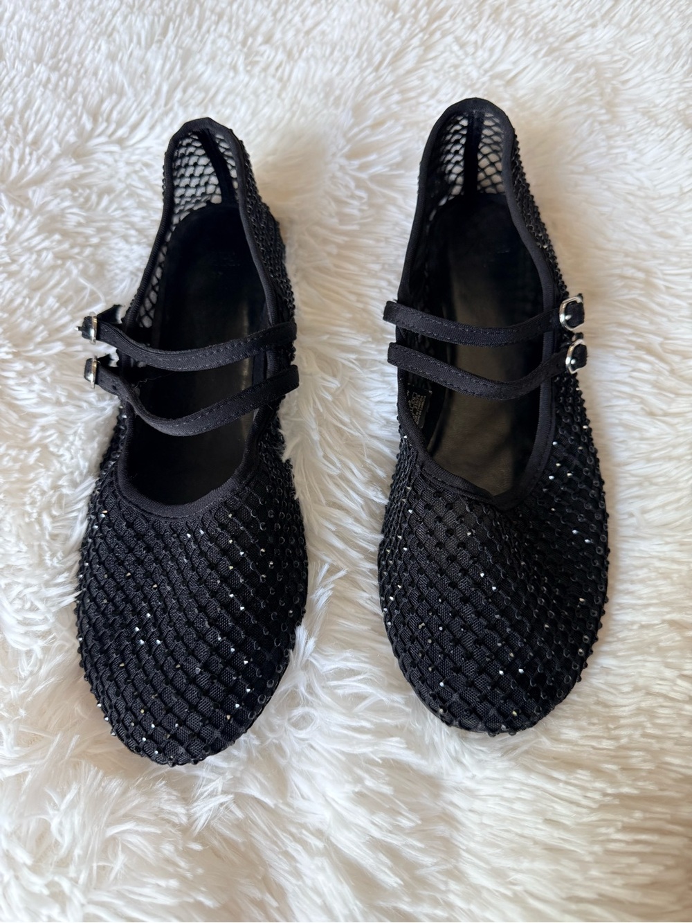 Zara Black Mesh with Rhinestone Mary Jane Flats with Double Strap